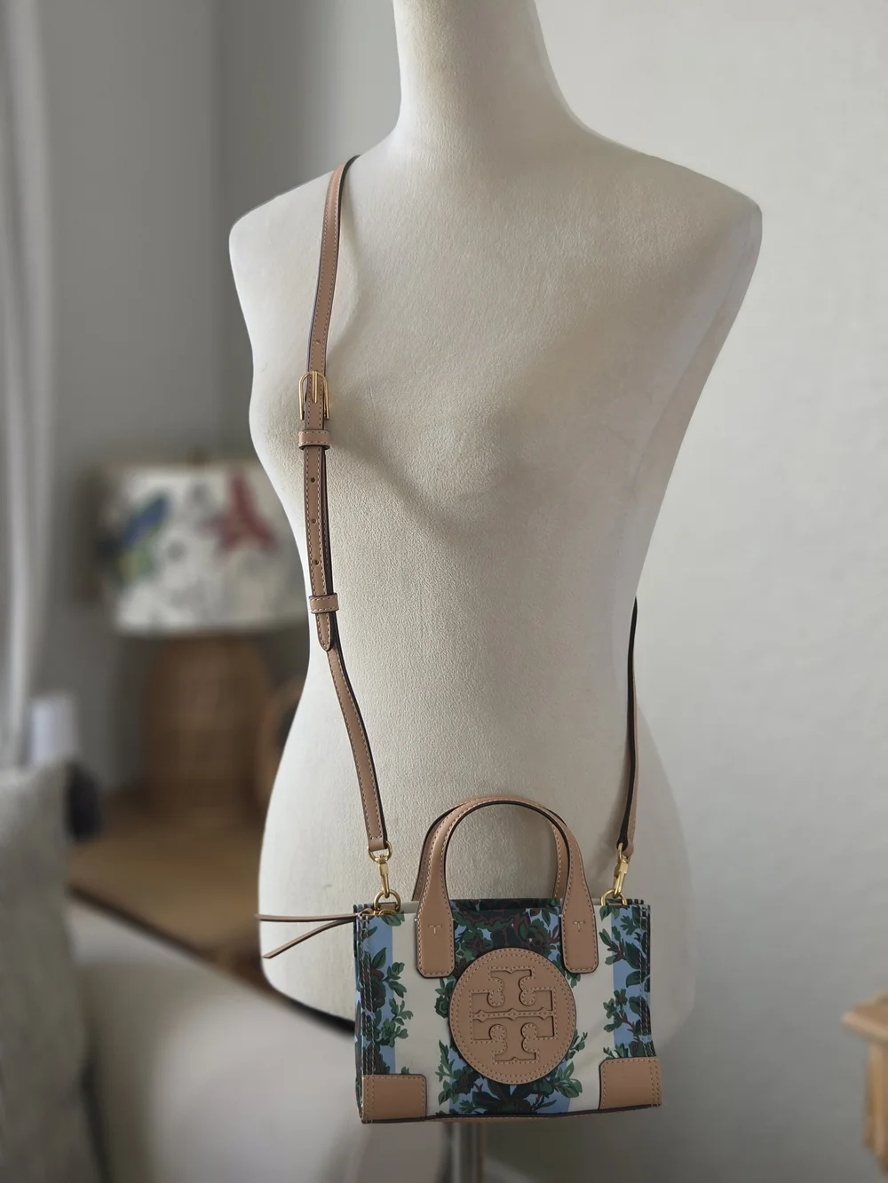 Tory Burch Blue Floral Crossbody with Tan Leather Trim